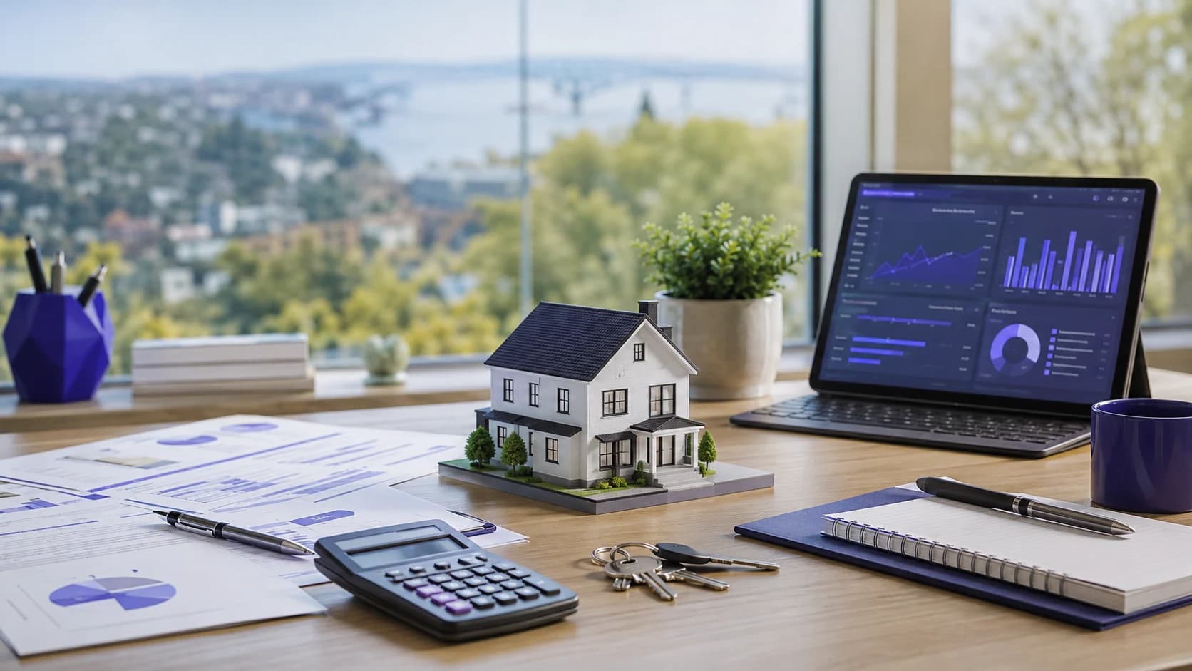 Bureau d'analyse immobilière avec maison miniature, calculatrice et tableau de bord