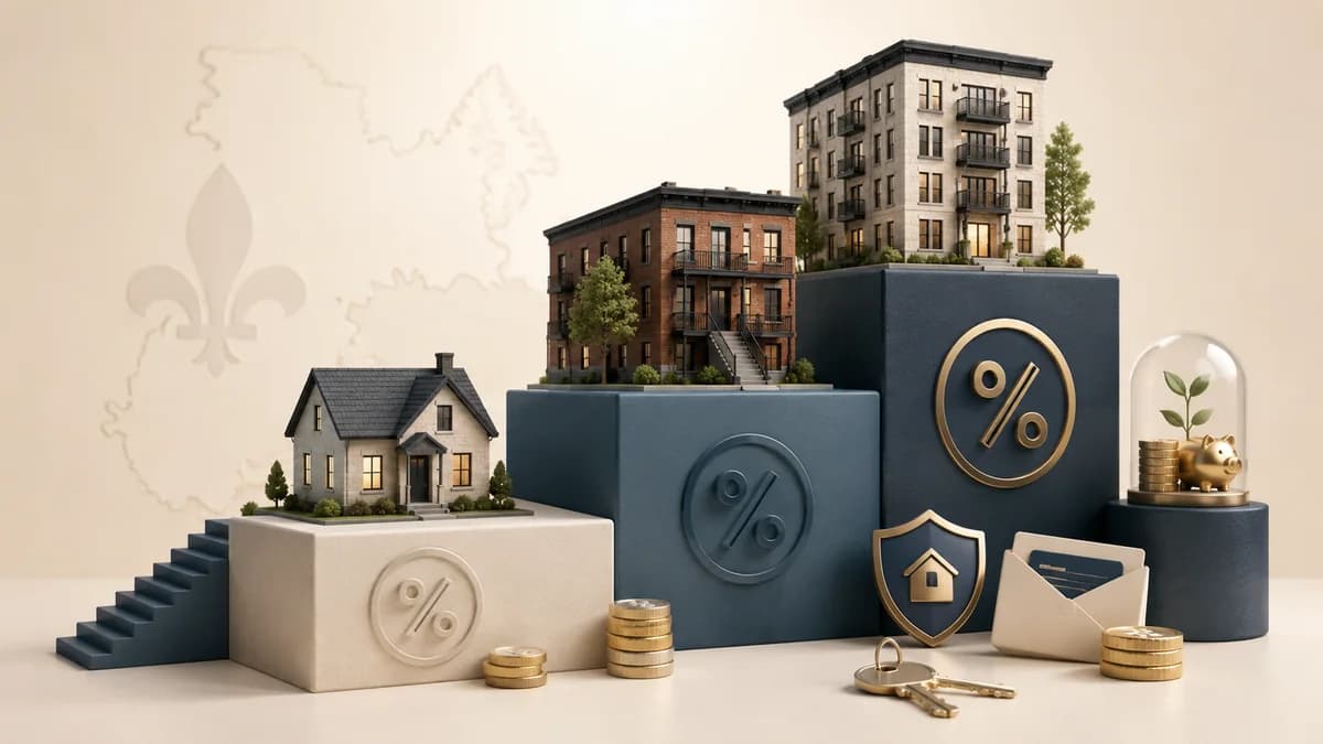 3D illustration of a house and income properties in Quebec with gold coins, a piggy bank and percent symbols, representing the down payment and home financing