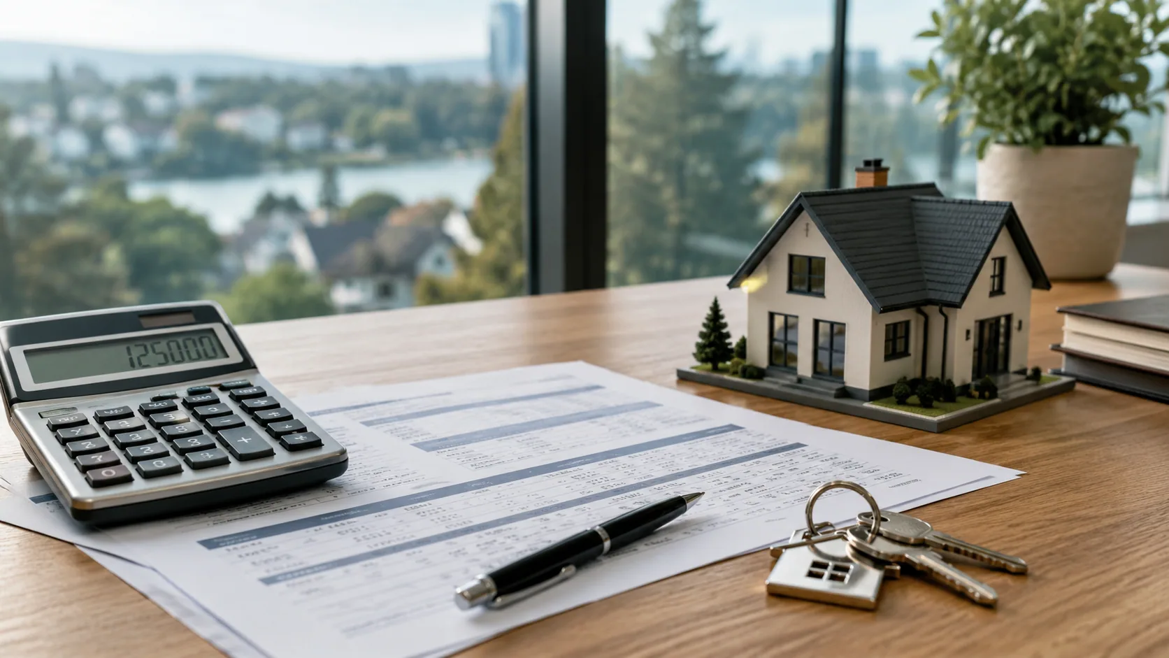 Calculatrice, documents hypothécaires, clés et maquette de maison sur un bureau avec vue sur un quartier résidentiel