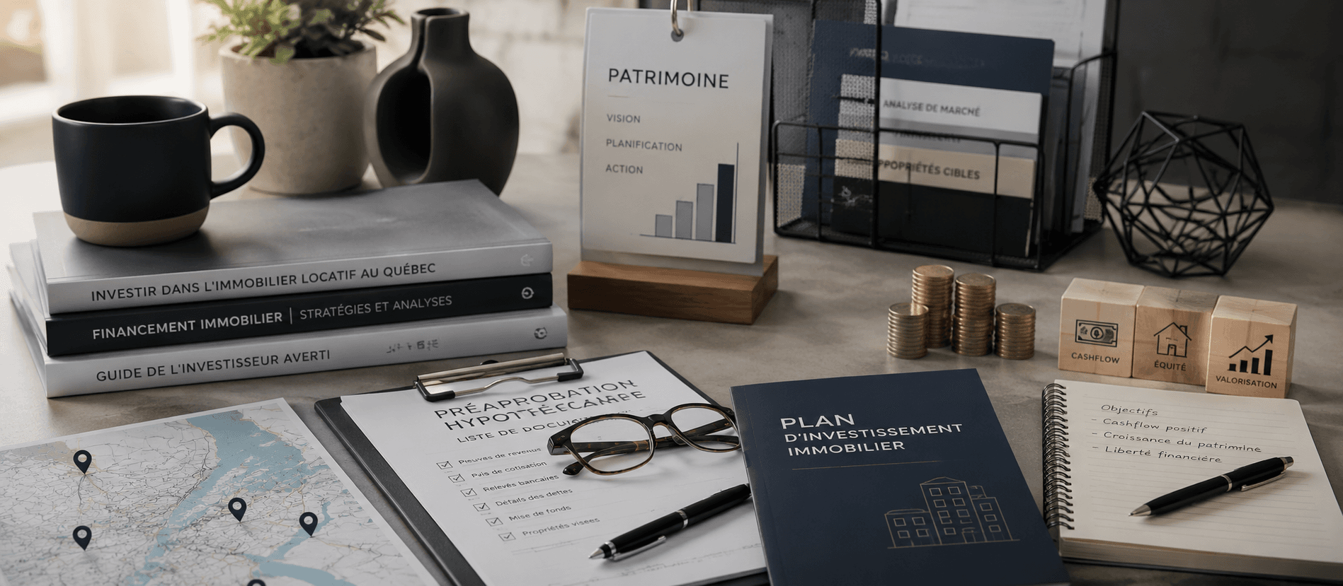 Bureau d'investisseur immobilier avec dossier de préapprobation hypothécaire, plan d'investissement, carte du Québec et piles de pièces