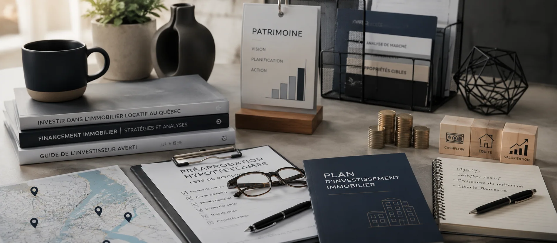 Bureau d'investisseur immobilier avec dossier de préapprobation hypothécaire, plan d'investissement, carte du Québec et piles de pièces