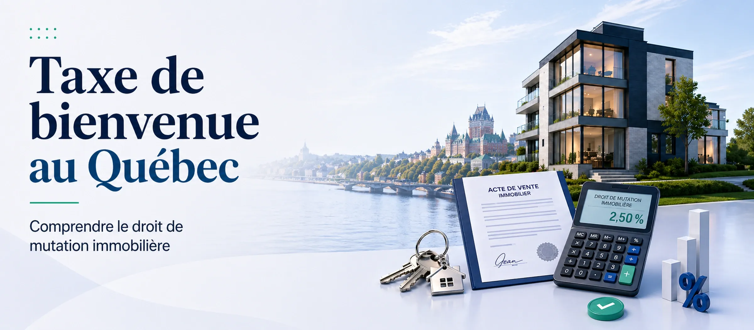 Illustration de la taxe de bienvenue au Quebec avec propriete, acte de vente, calculatrice et droits de mutation