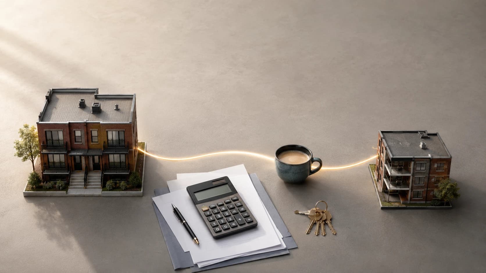 Residential home with financing documents, a calculator and keys on a table, illustrating using home equity to invest